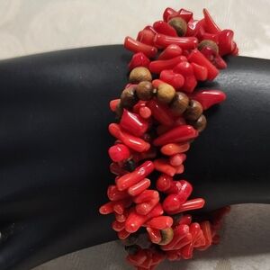 VINTAGE RED CORAL CHIP MULTI-STRAND STRETCH BRACELET NATURAL BRANCH FORM